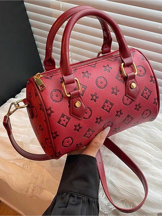 Handbags - Red Patterned Barrel Satchel Handbag - Unbranded